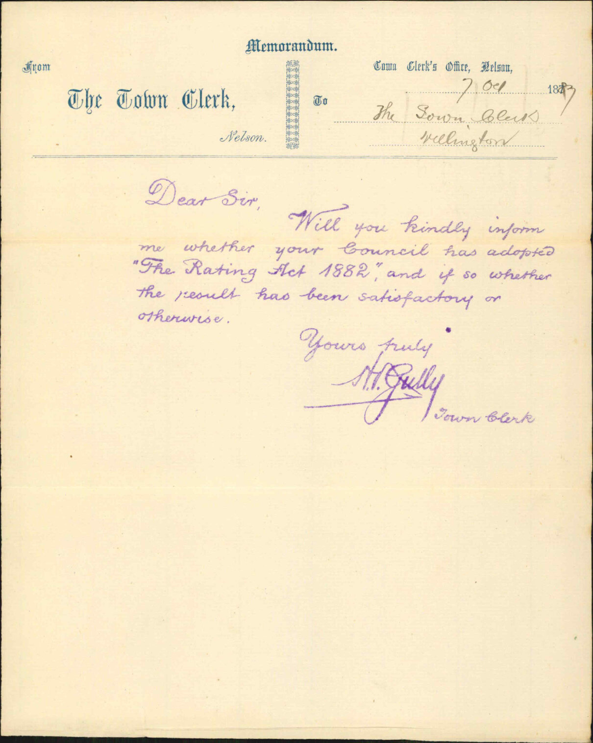 Enquiry regarding Rating Act 1882 - Town Clerk, Nelson