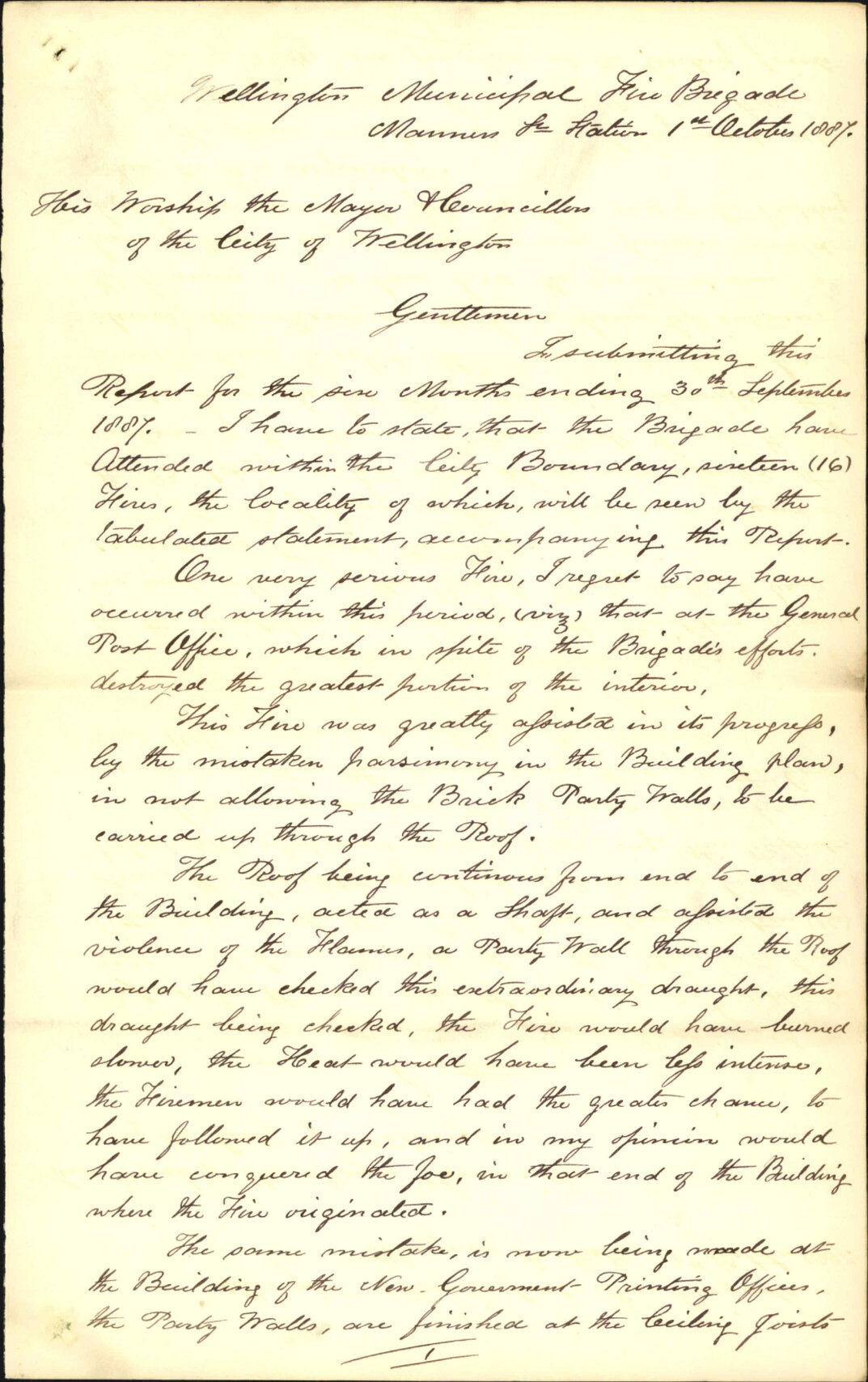 Report for six months ending 30th September 1887 - Robert A Page (Captain, Fire Brigade)