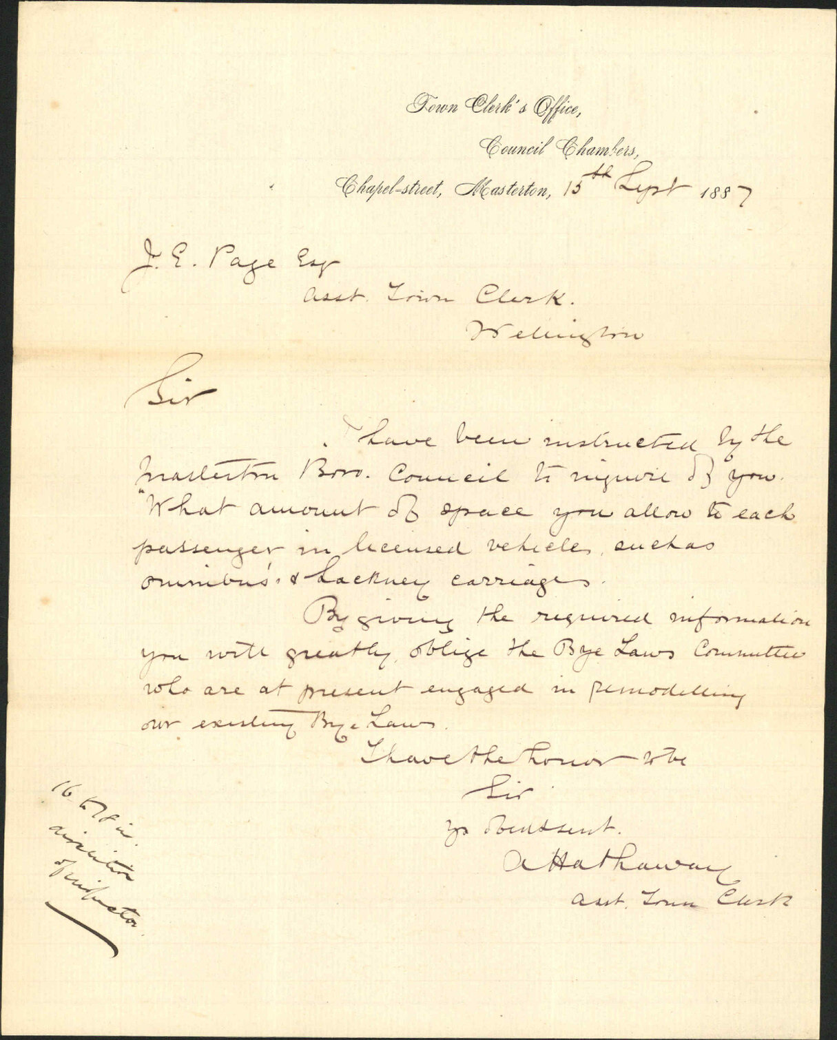 Enquiry regarding Hackney Carriages - Town Clerk, Masterton