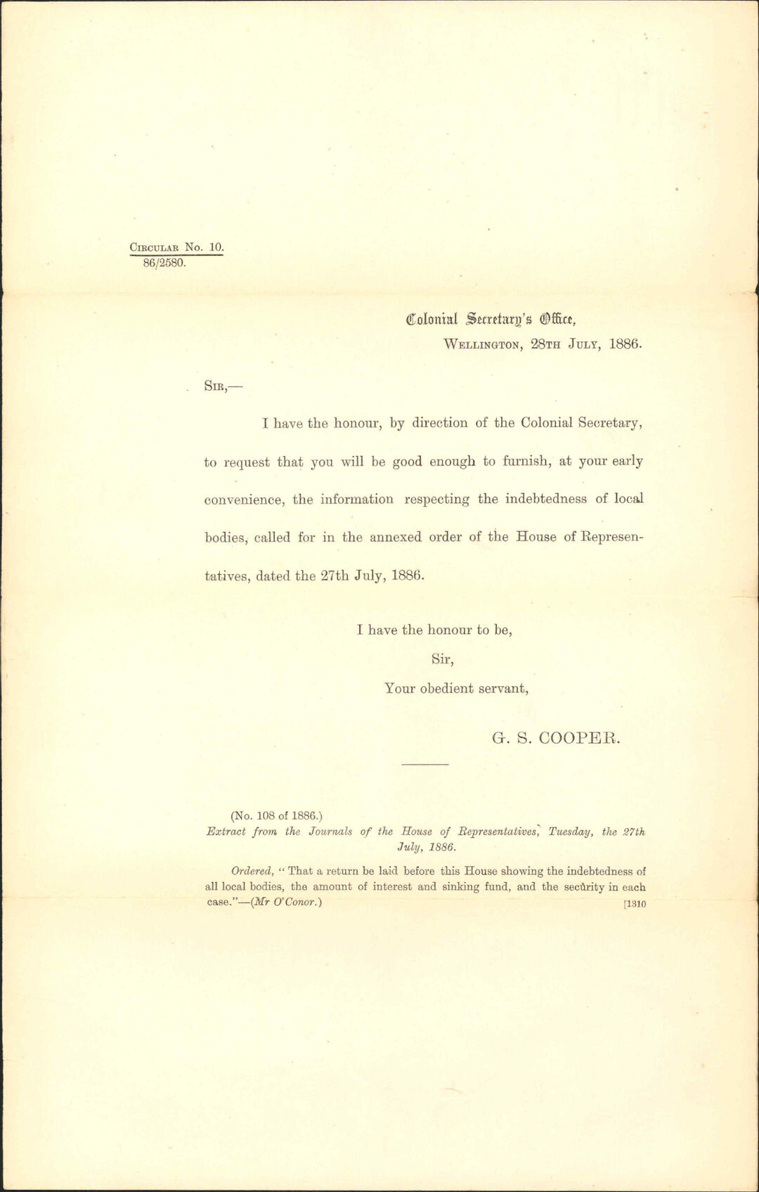 Asking for return regarding indebtedness of Corporation - Colonial Secretary