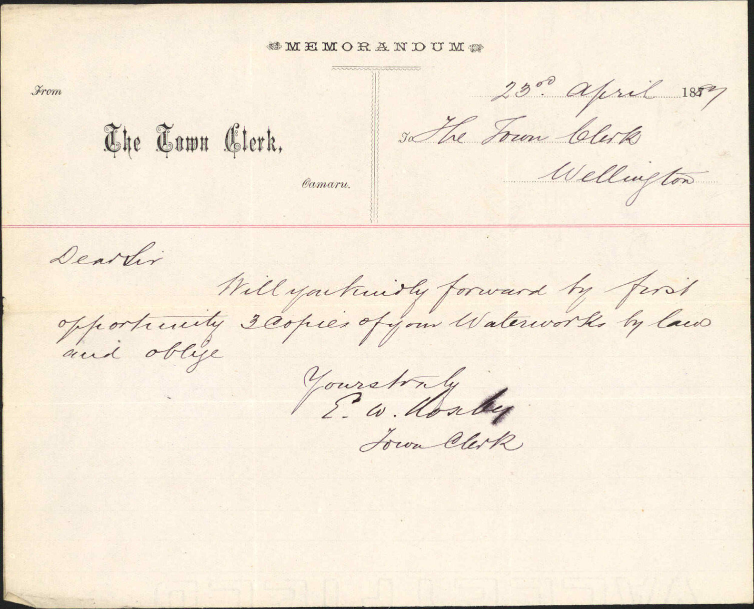 Asking for copy of water works bylaws - Town Clerk Oamaru