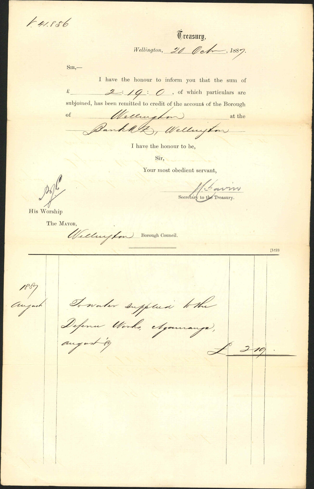 Advising payment of water account - Treasury