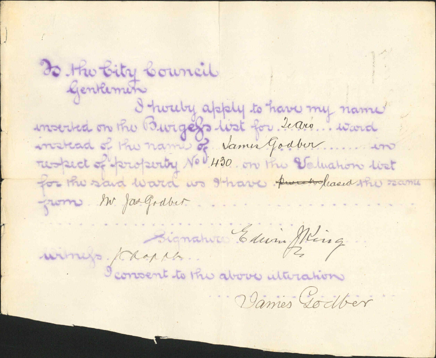 Application to be placed on Burgess roll - E J King