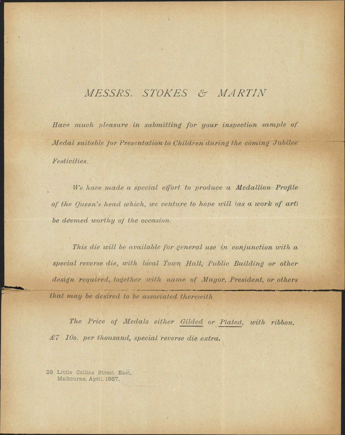 Jubilee medal - Stokes and Martin, Melbourne