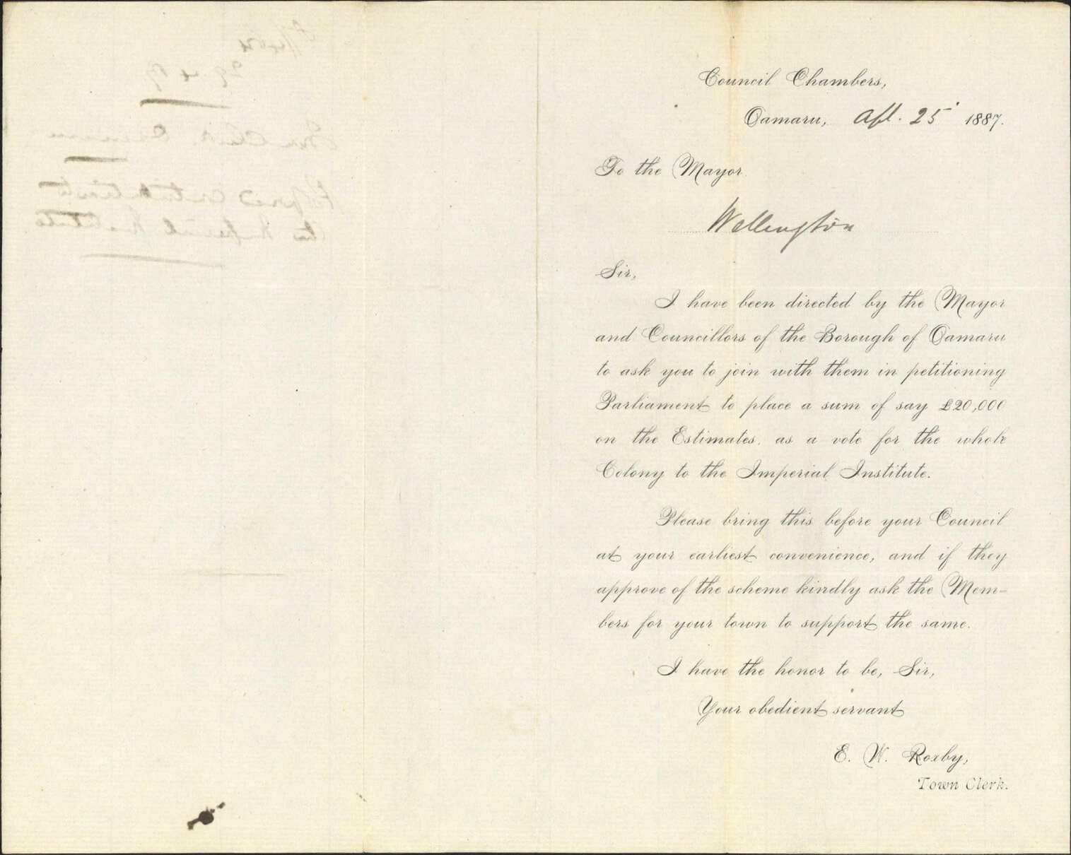 Proposed contribution to the imperial institute - Town Clerk Oamaru
