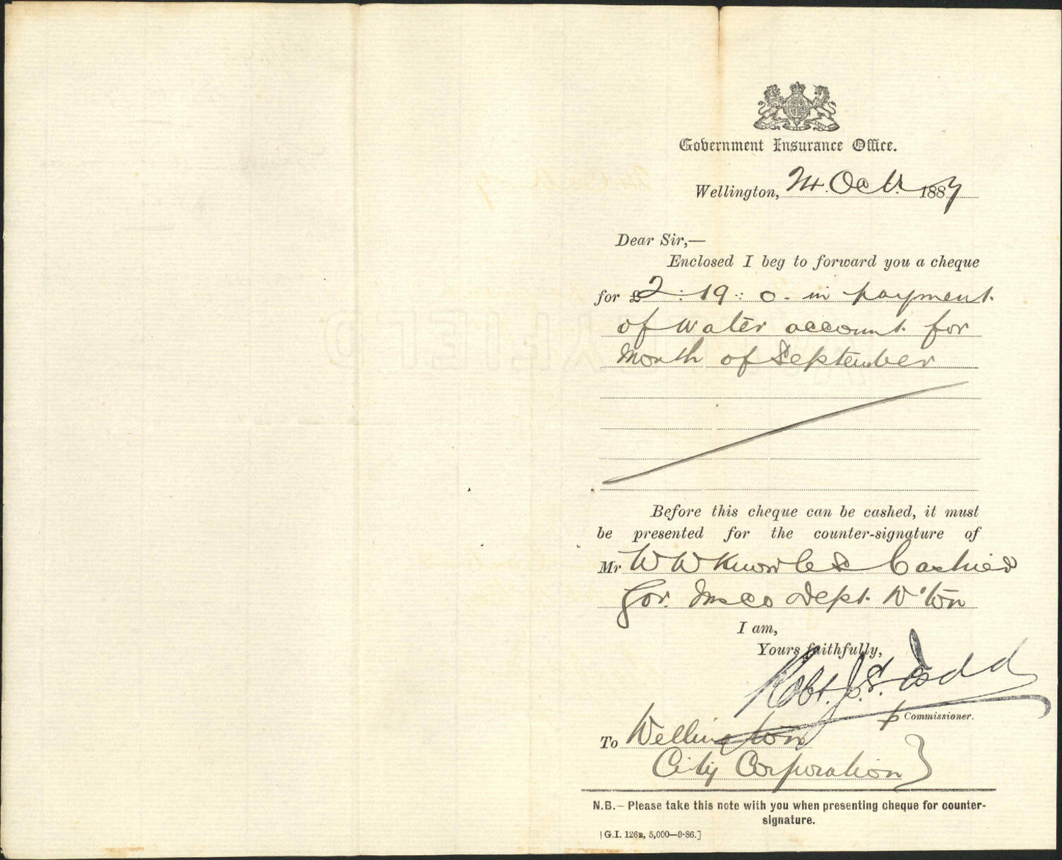 Dwelling cheque for water - Government Insurance Office