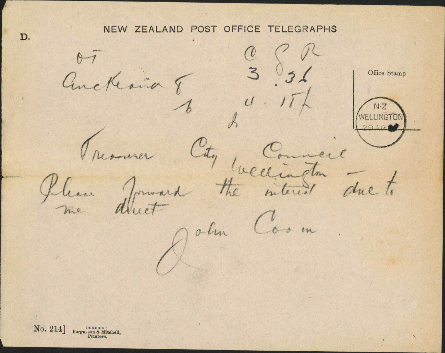 Asking payment of interest - John Coom, Auckland
