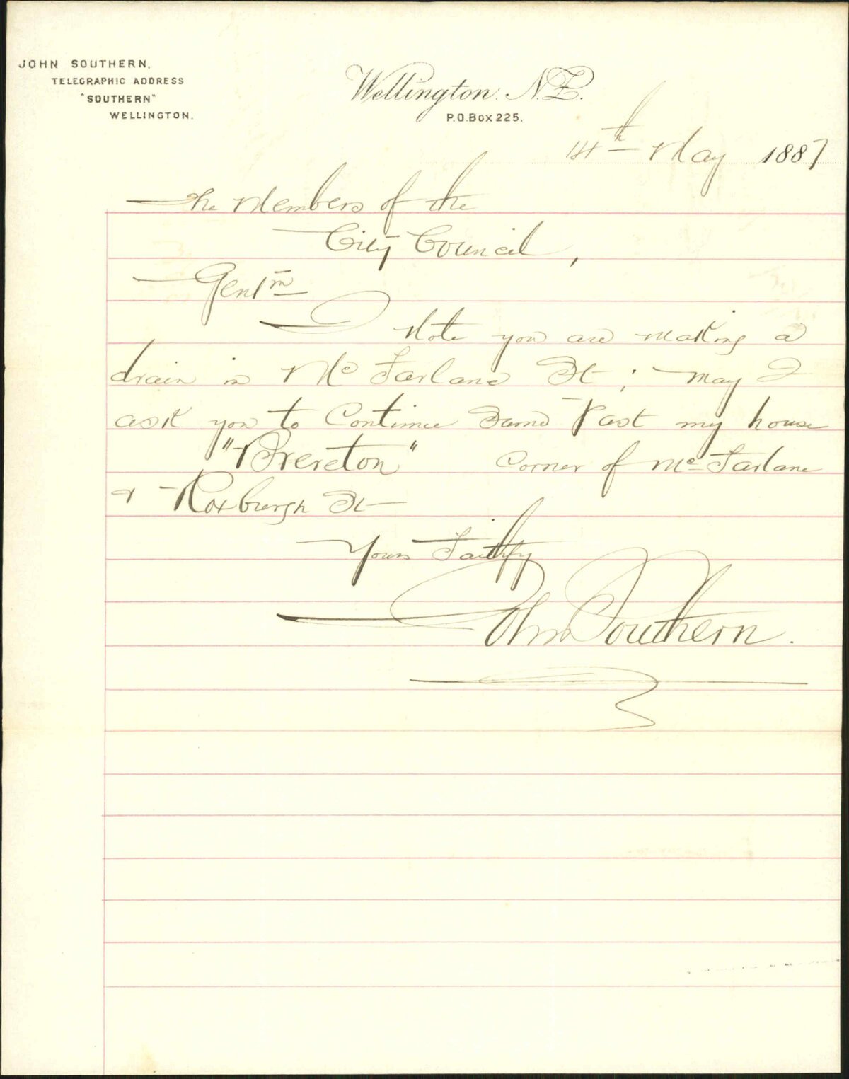 Asking for extension of drain at Macfarlane Street - John Southern