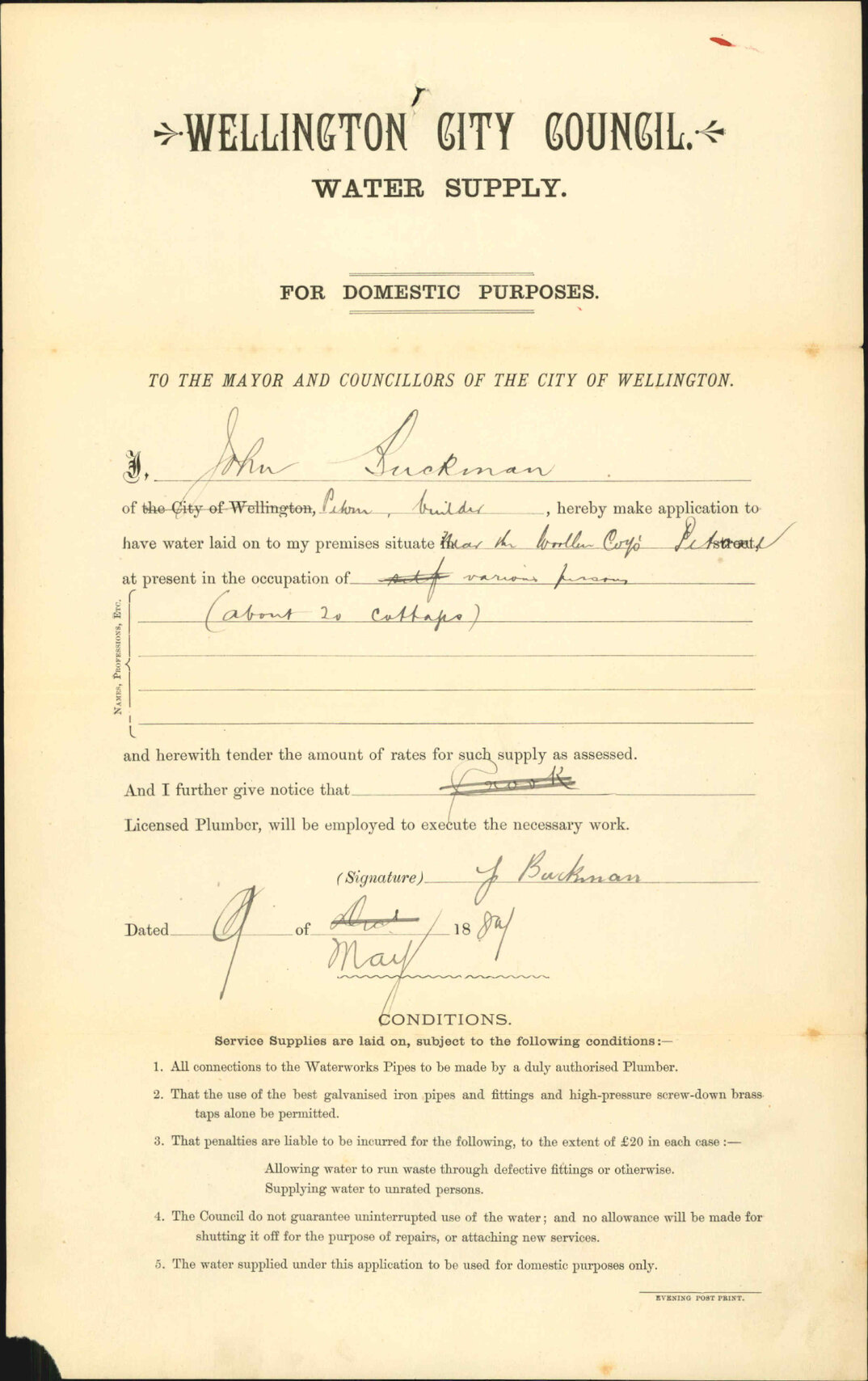 Application for Water Supply - J Buckman, Petone