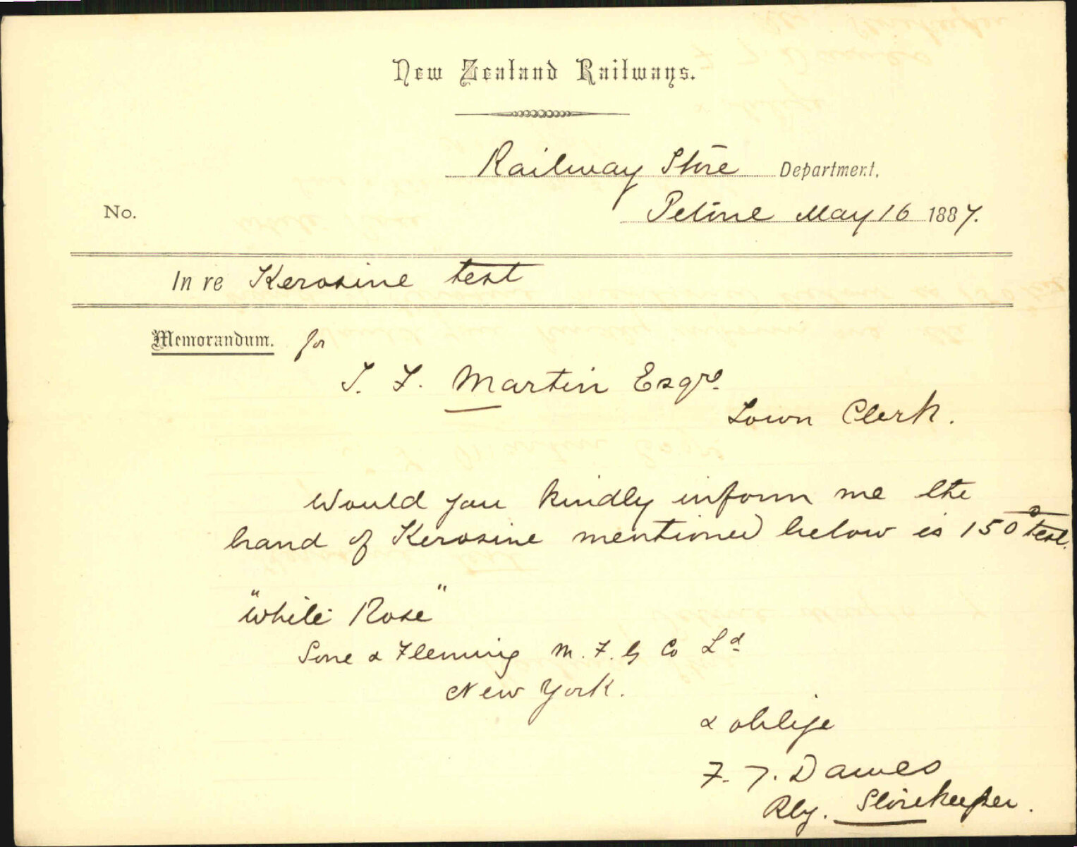 Enquiry as to "White Rose" kerosene - Railway Store Department, Petone