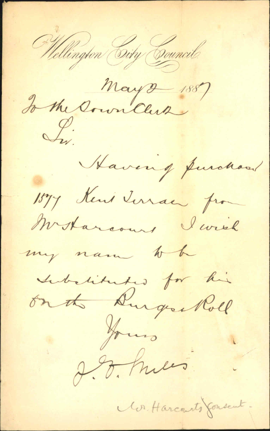 Application to be placed on burgess roll - J E Miles
