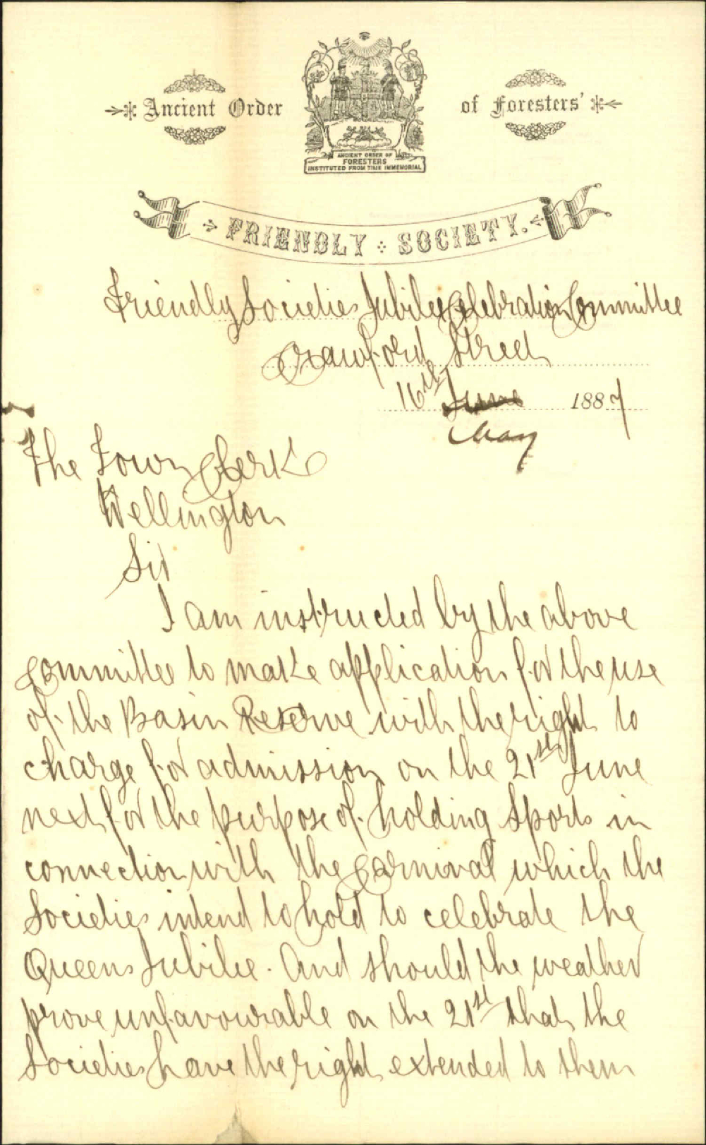 Asking use of Basin Reserve on 21st June - Friendly Society Jubilee Committee