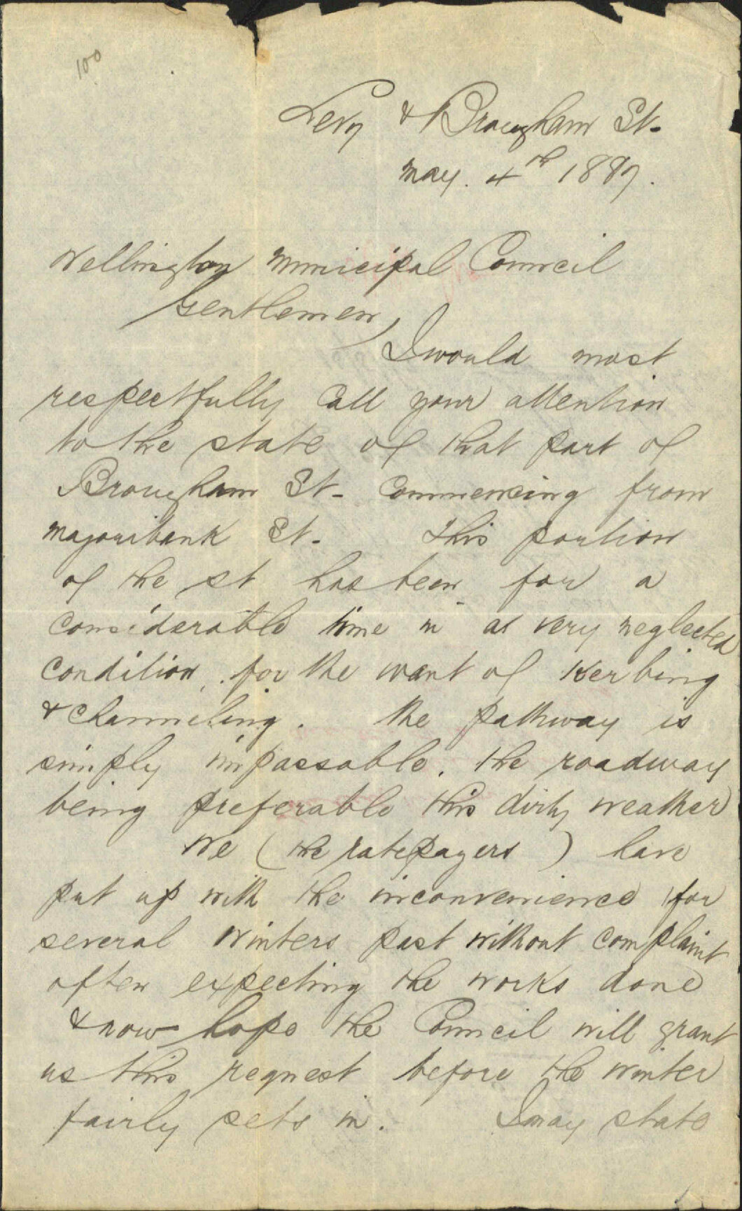Asking for repairs to North end of Brougham Street - H J White