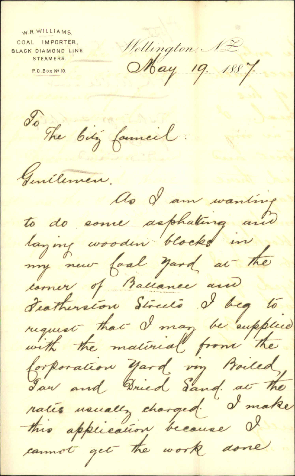 Asking for supply of boiled tar and dried sand - W R Williams