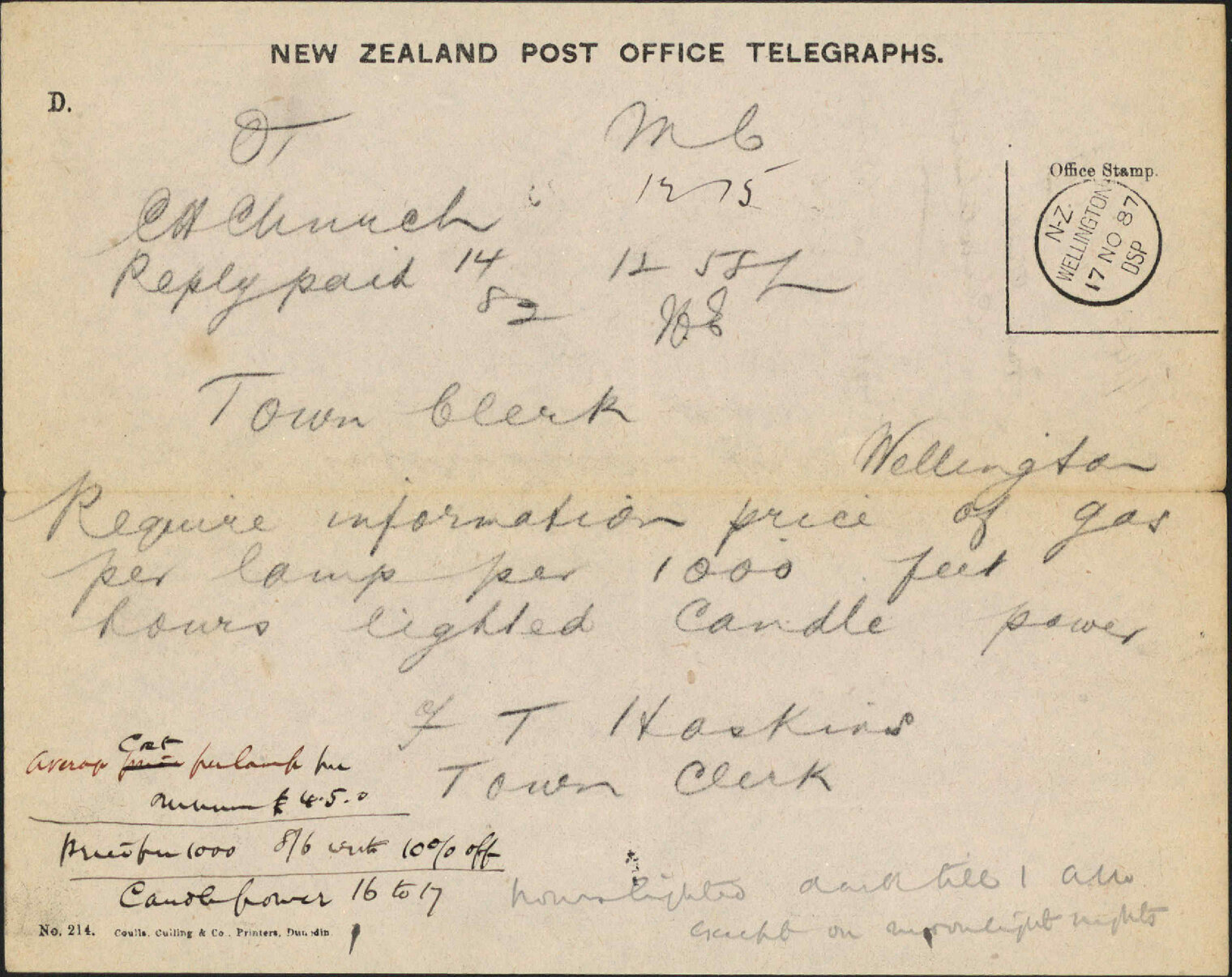 Enquiry as to price of tar - Town Clerk Christchurch