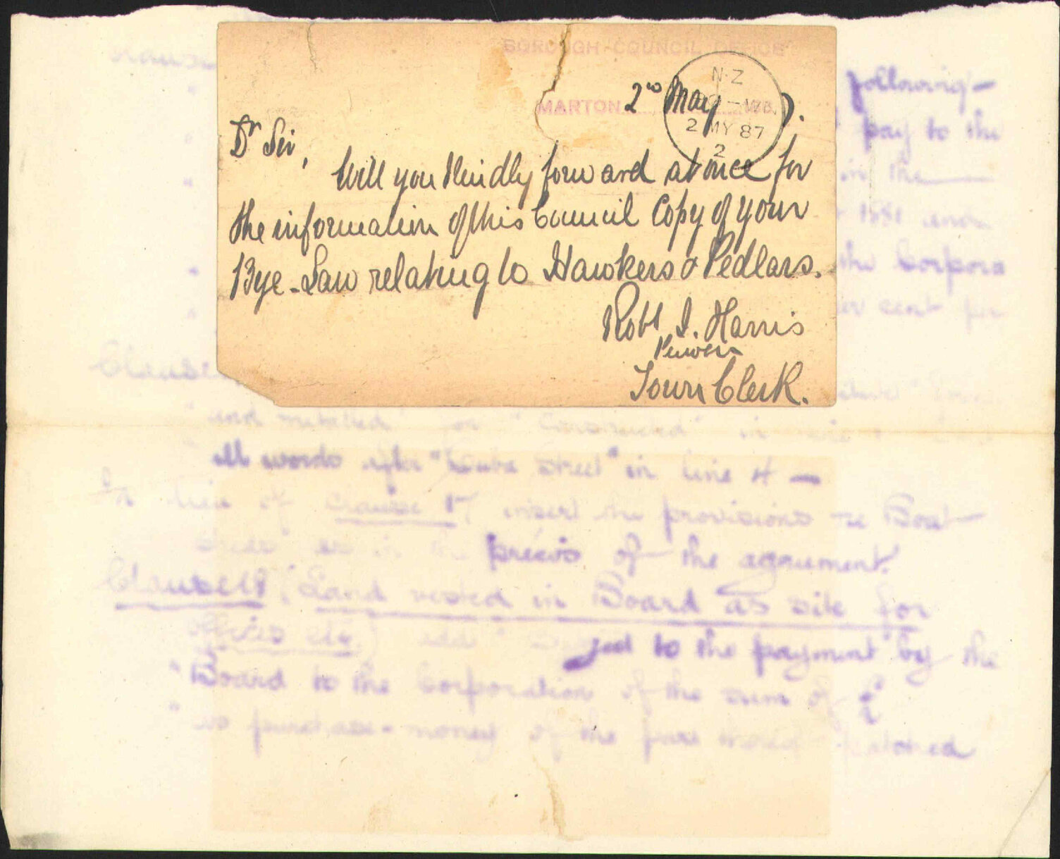 Asking for copy of bylaws regarding hawkers and pedlars - Town Clerk, Marton