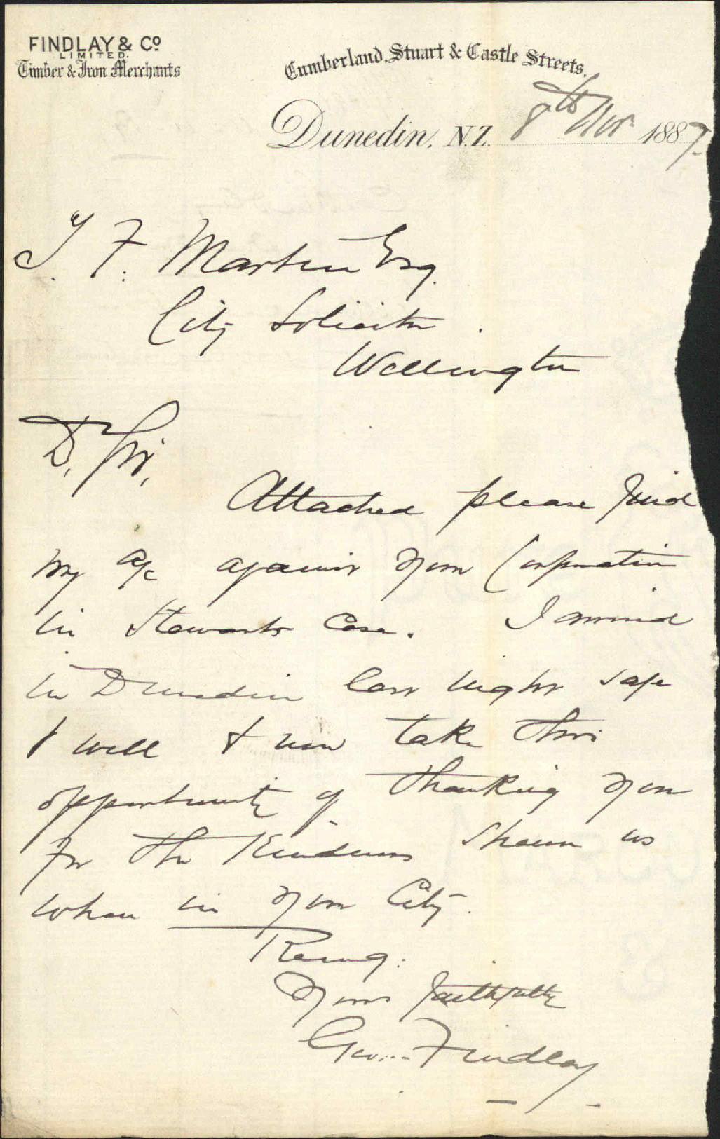 With account regarding Stewart v Corporation - G Findlay, Dunedin