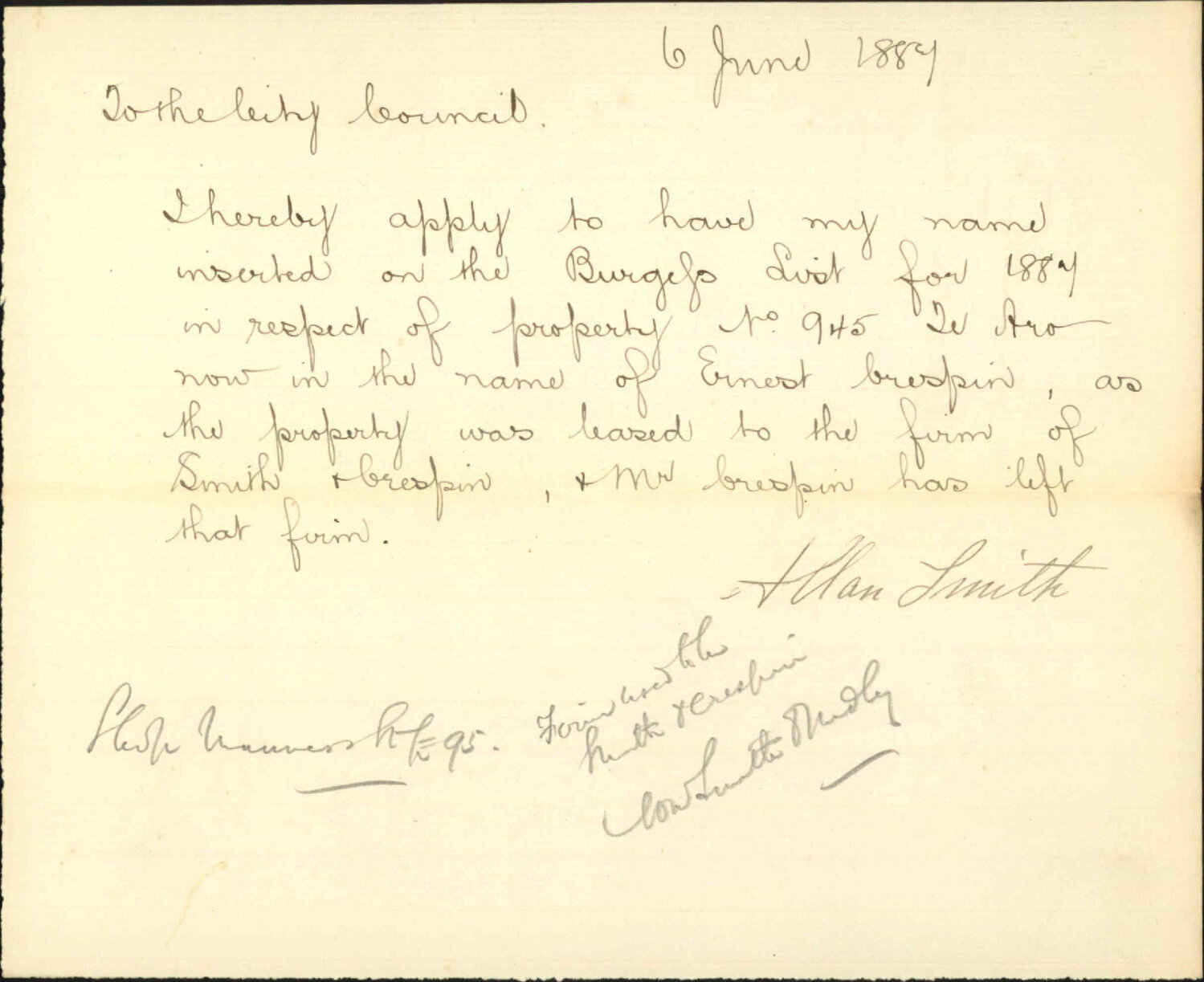 Application to be placed on Burgess Roll - Allan Smith