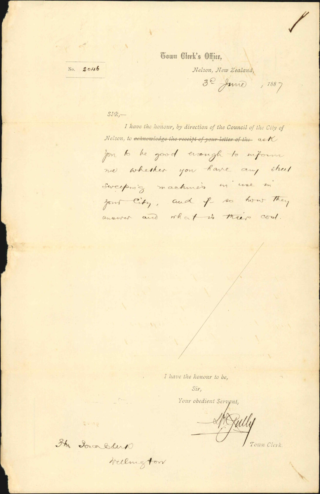 Inquiry as to street sweeping machines - Town Clerk, Nelson