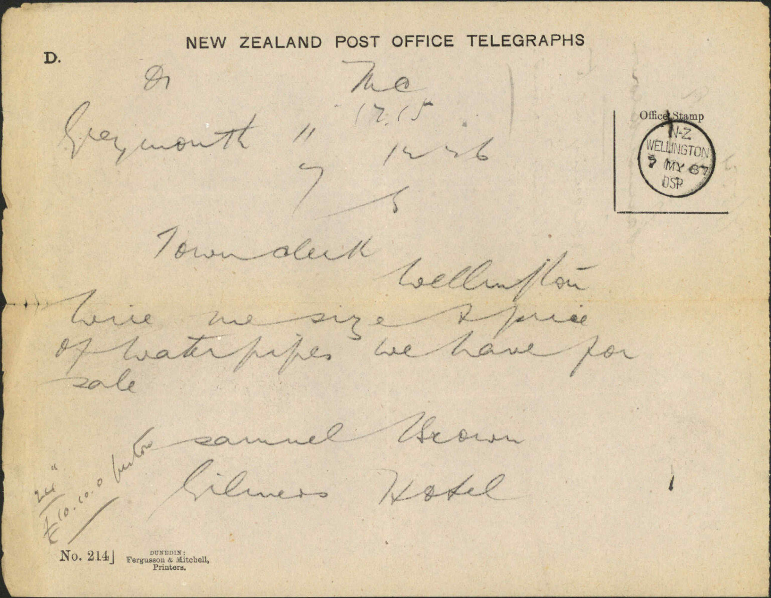 Inquiry as to water mains - Samuel Brown