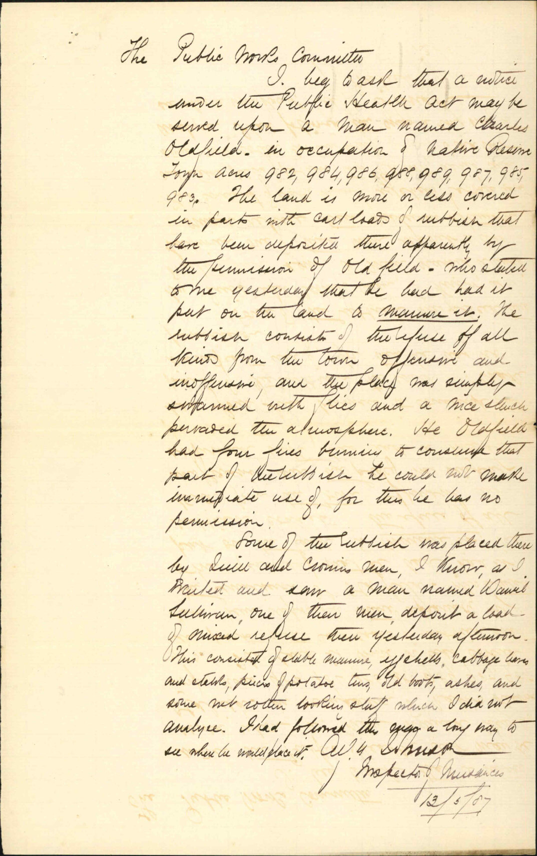 Rubbish at Charles Oldfield's - Inspector of Nuisances