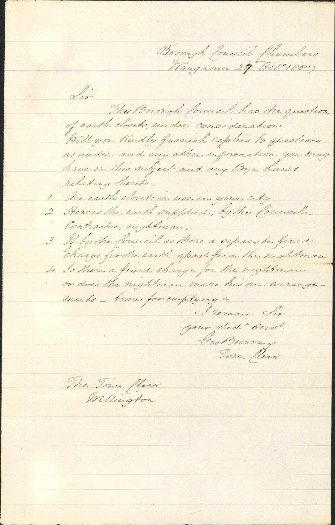 Enquiry as to earth closets - Town Clerk, Wanganui