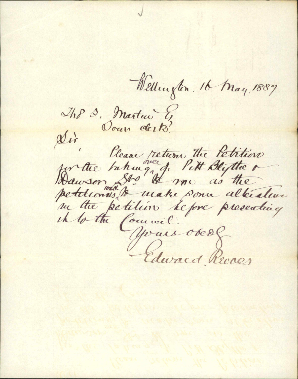 Withdrawing petition regarding Pitt, Blyth and Dawson Streets - Edward Reeves