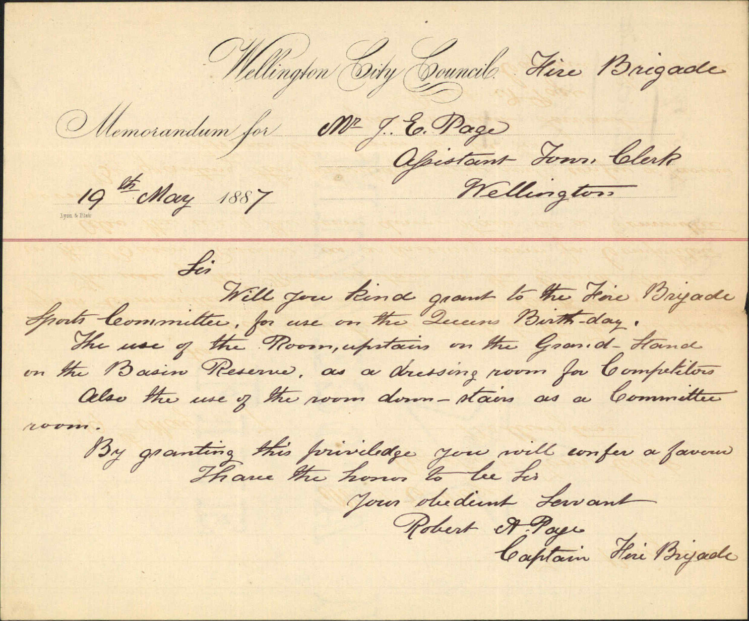 Asking use of rooms at Basin Reserve on 21st - Fire Brigade Sports Committee