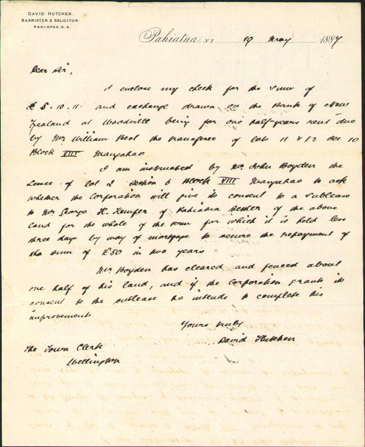 With cheque for rent and regarding Hoyden's lease - David Hutchen