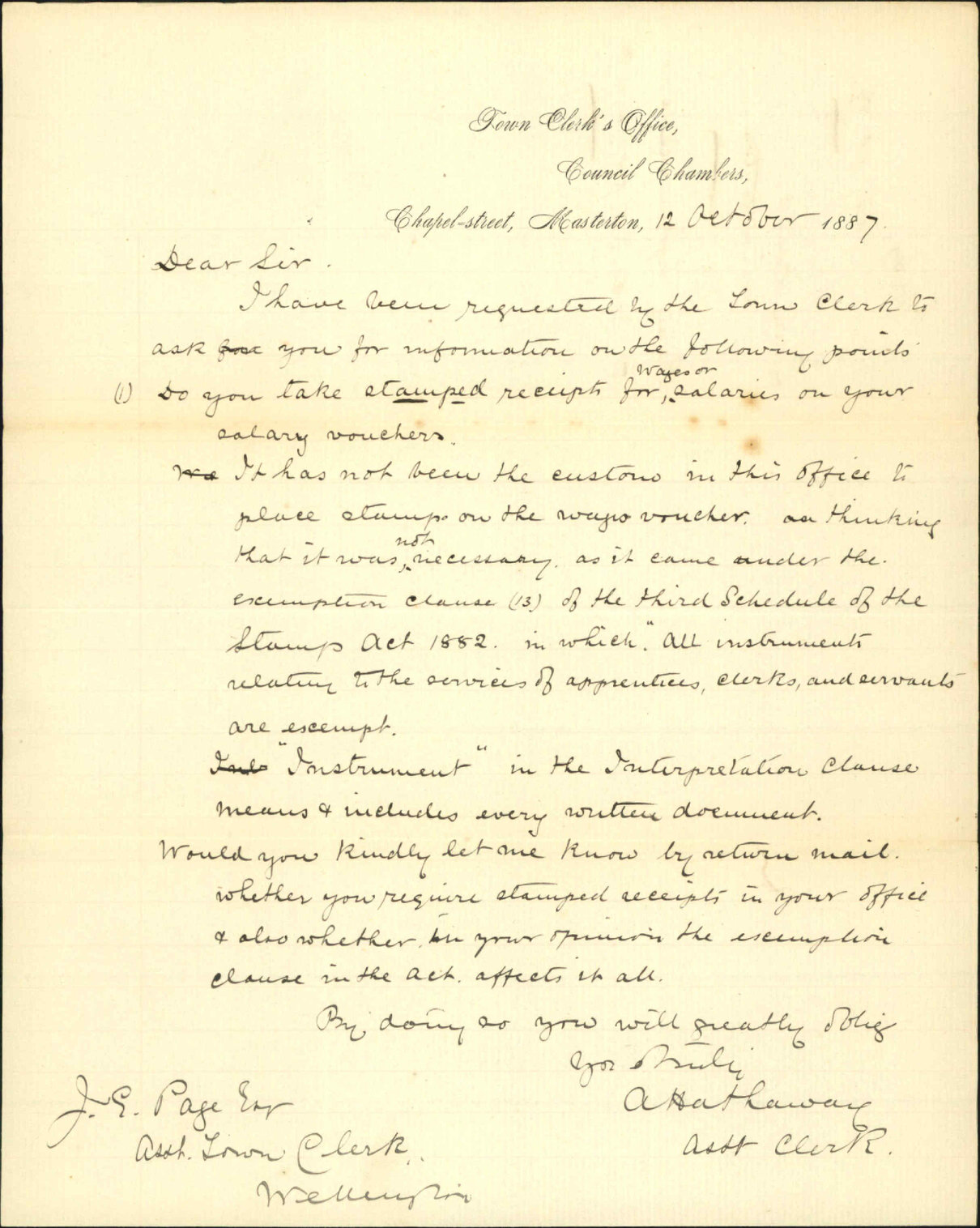 Asking information as to receipts for wages - Town Clerk, Masterton