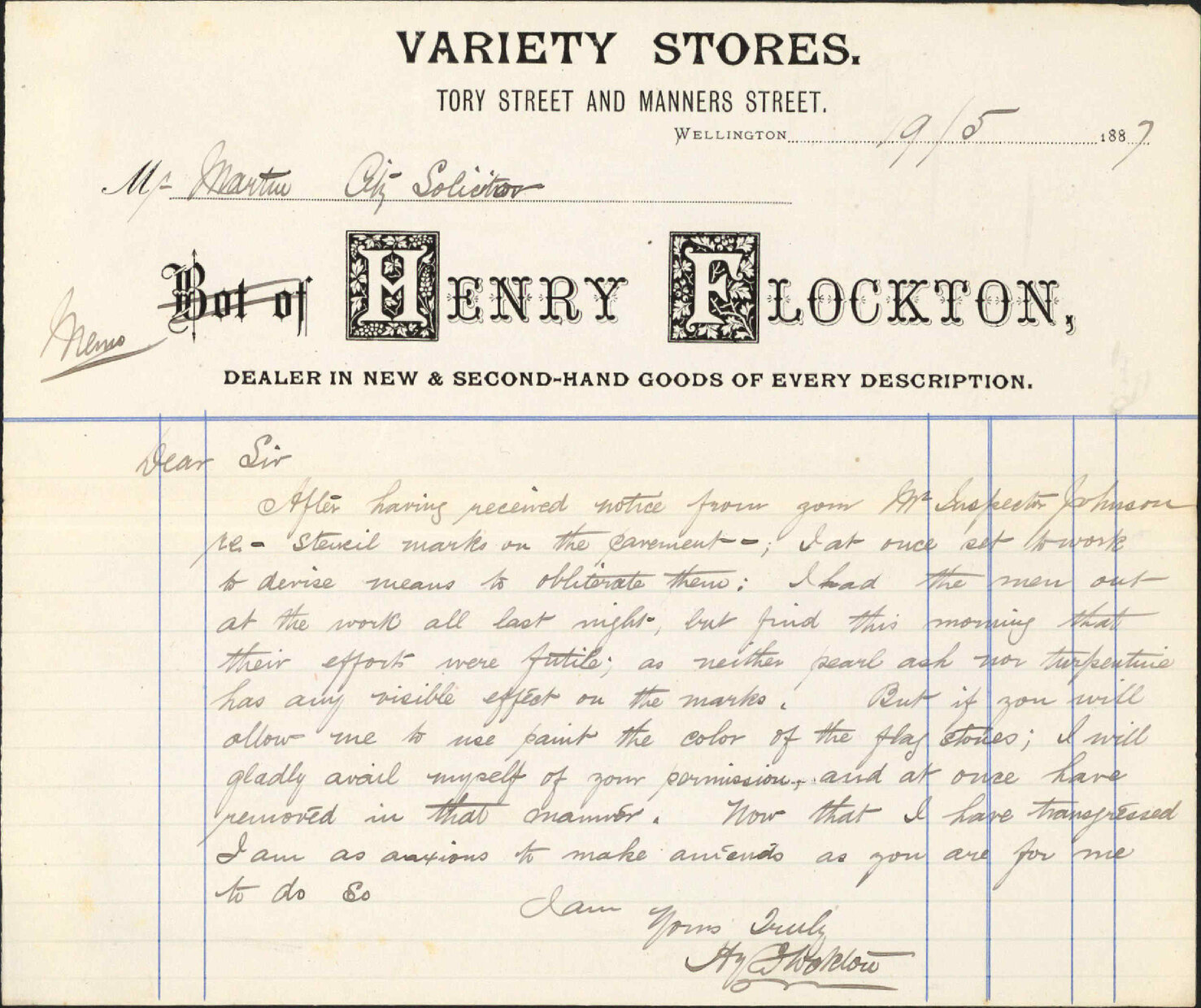 Further regarding stencilling of pavement - Henry Flockton