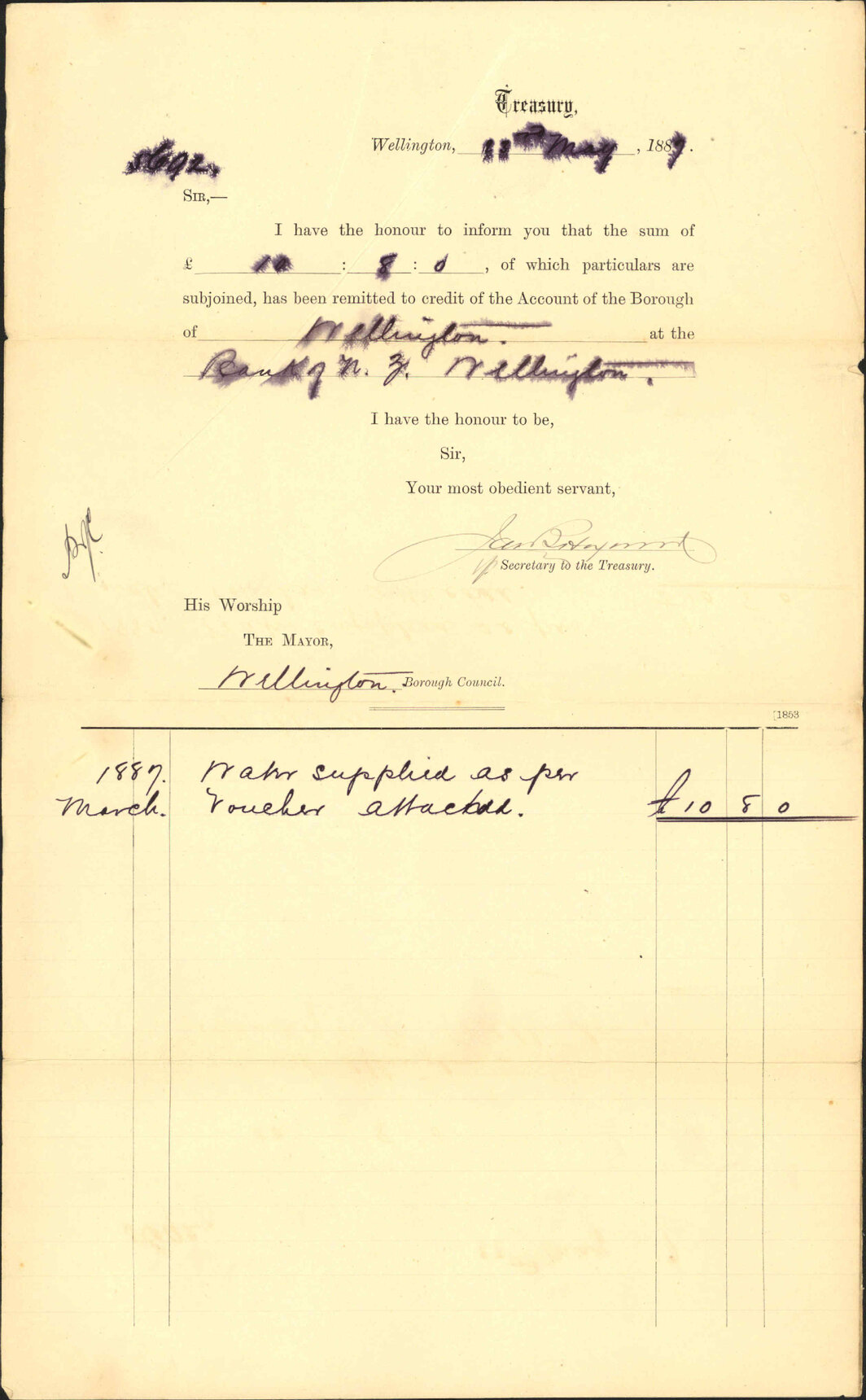 Advising payment of water account - Treasury