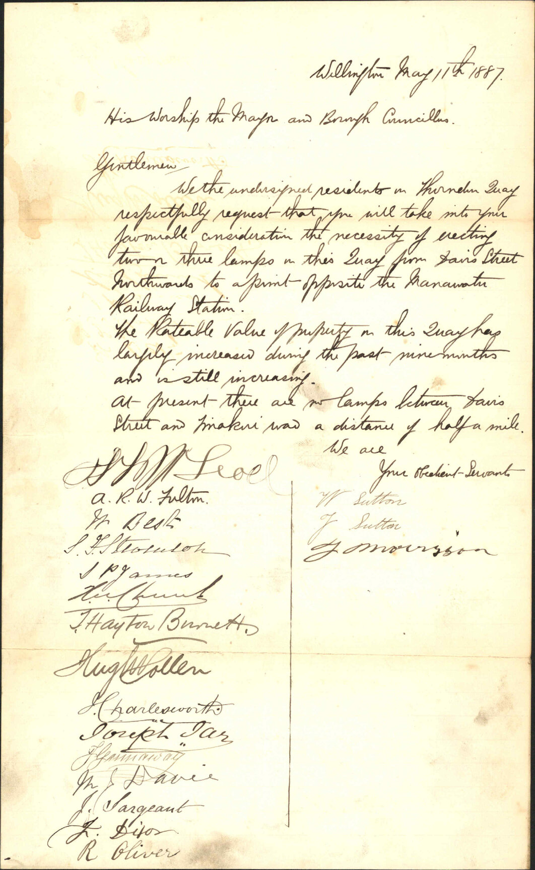 Petition asking for lamps on Thorndon Quay - A R W Fulton and others