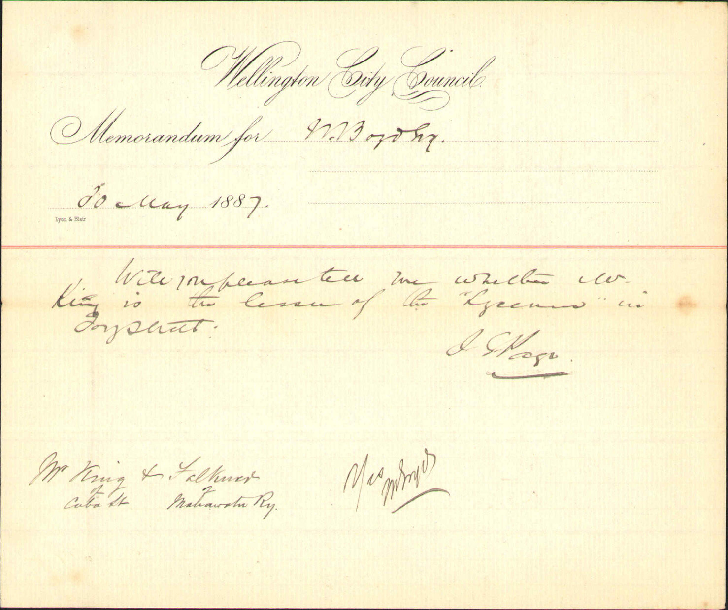 Reply to enquiry about "The Lyceum" - M Boyd