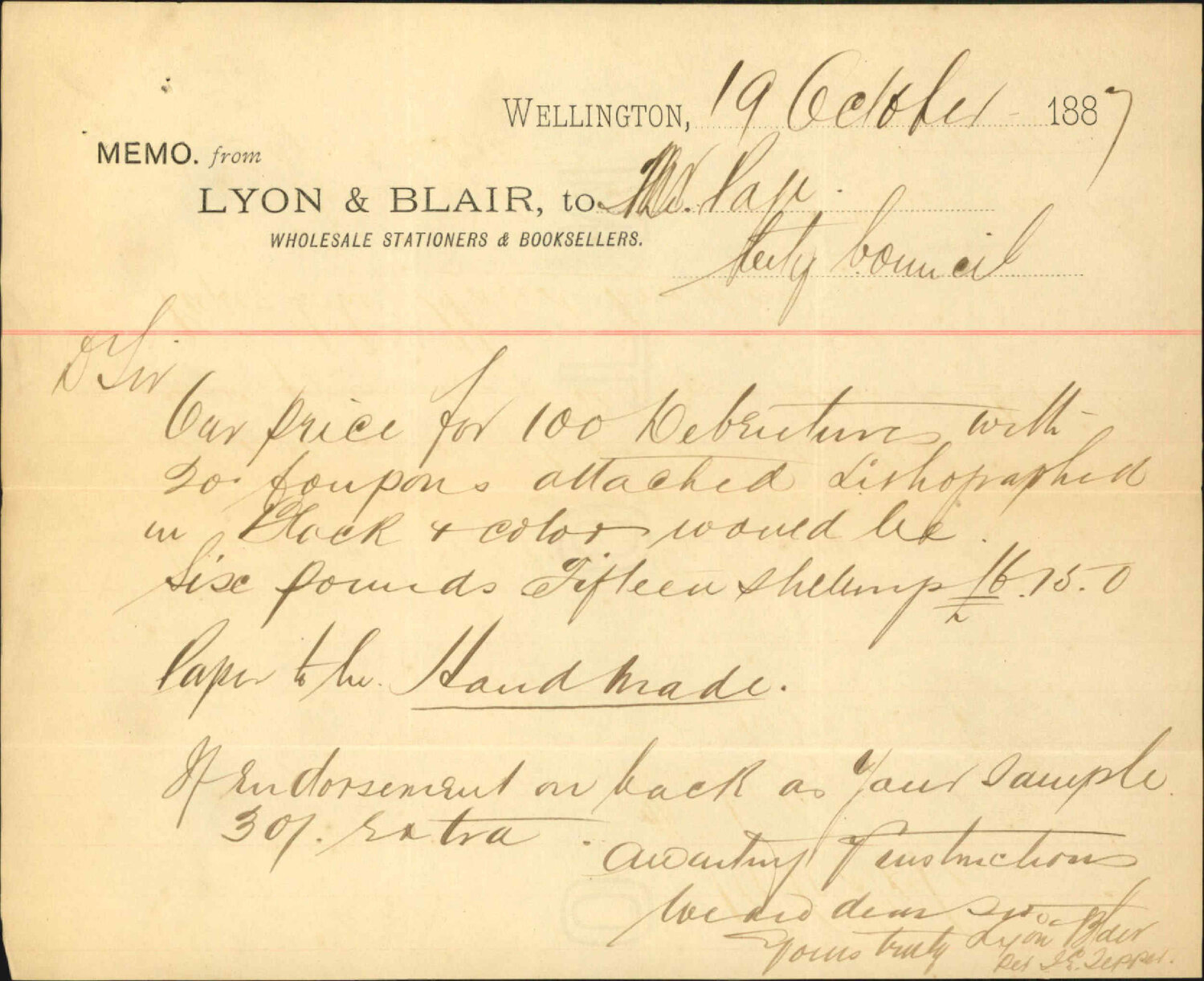 Tender for printing Debentures - Bock &amp; Cousins