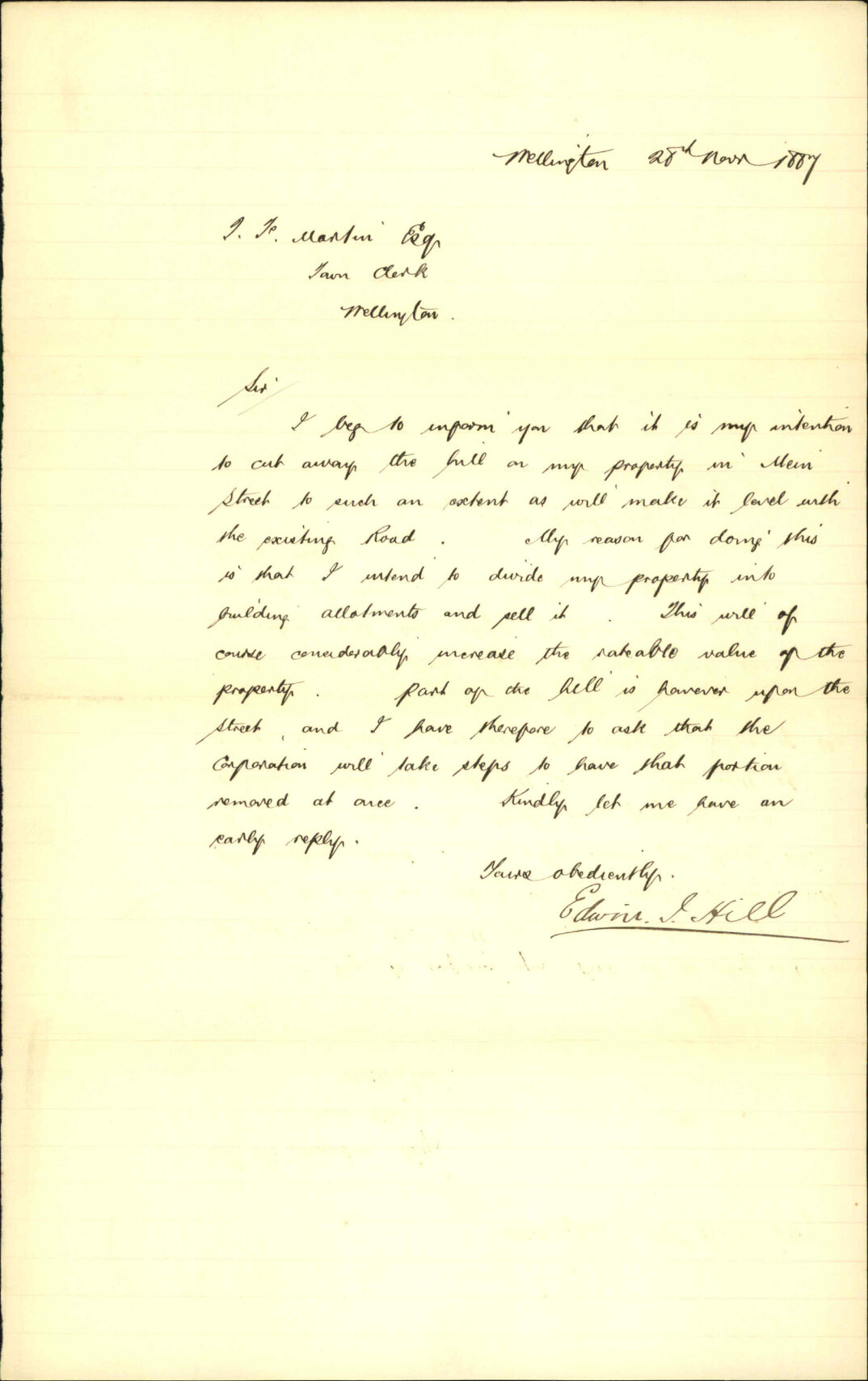 Asking for work at his property, Mein Street - E J Hill