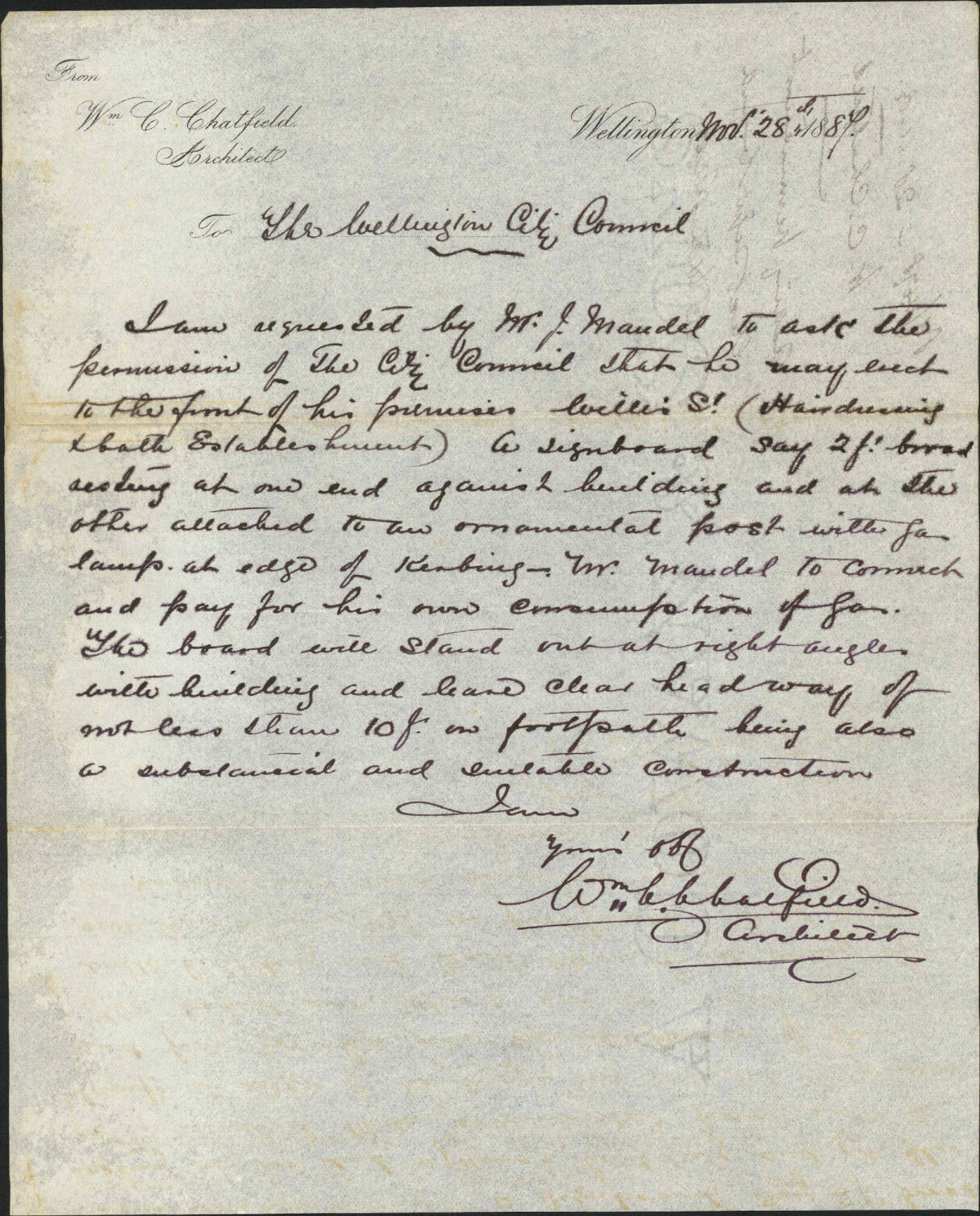 Asking permission to erect sign board in Willis Street - William C Chatfield, Architect