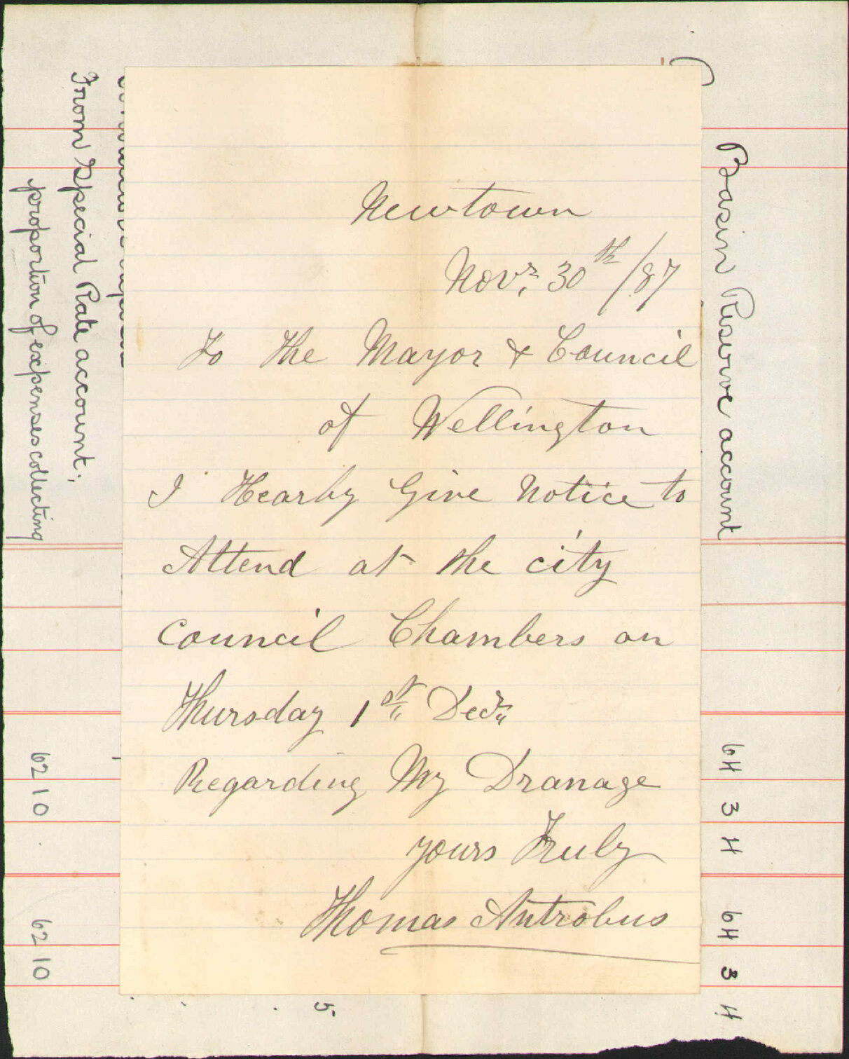 To attend council meeting regarding drainage - Thomas Atrobus