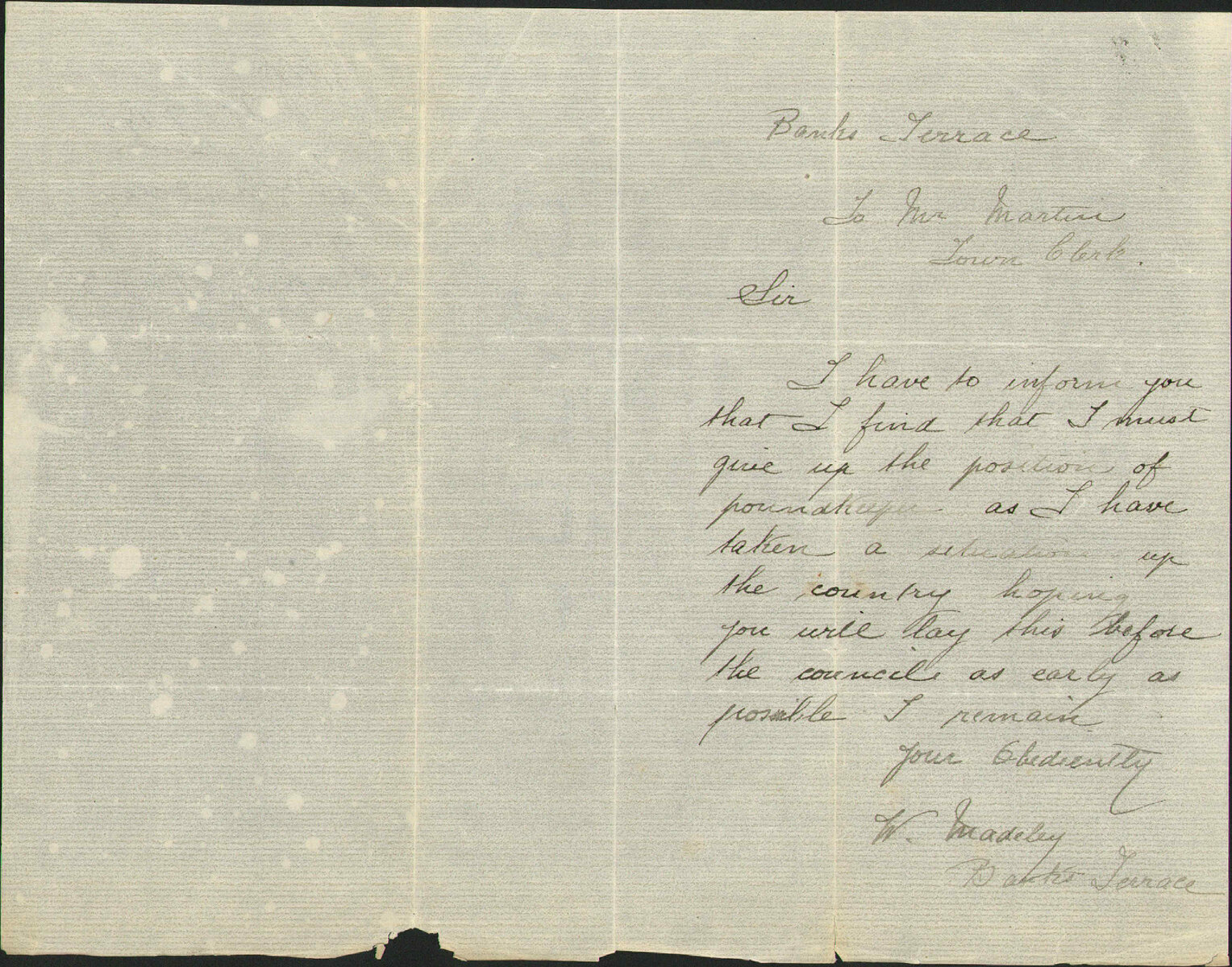 Resigning office of Pound Keeper - W Madeley