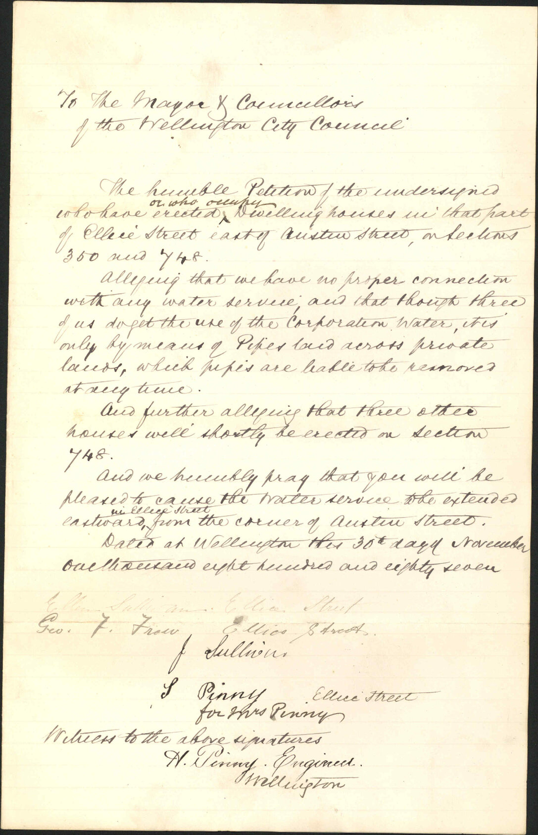Asking for water main in Ellice Street - Mrs Pinny and others