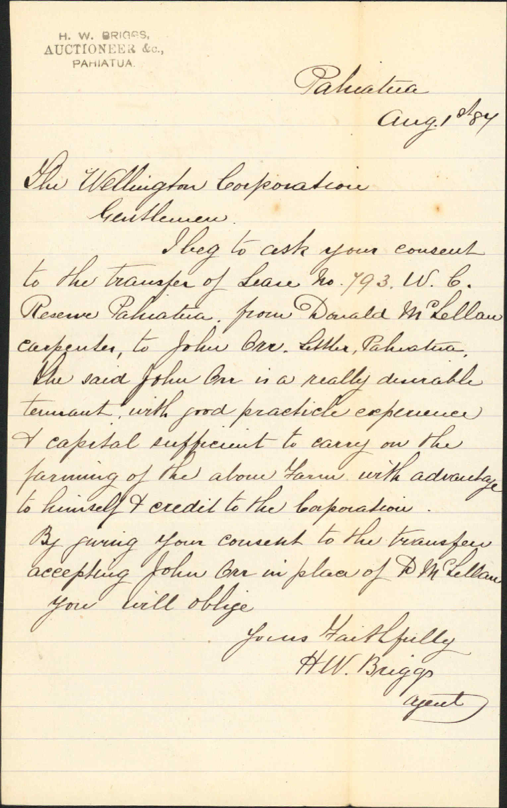 Asking consent to transfer of lease - H W Briggs, Pahiatua