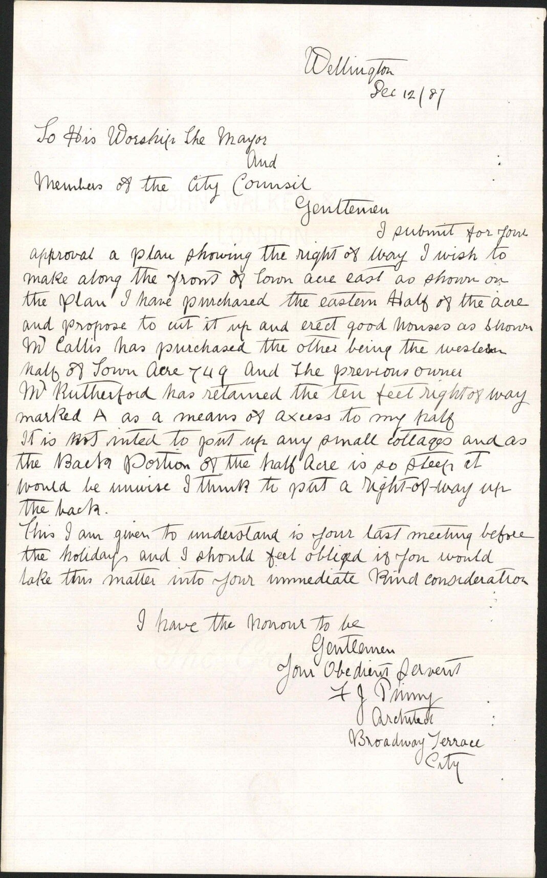 Proposed right of way off Austin Street - F J Pinny
