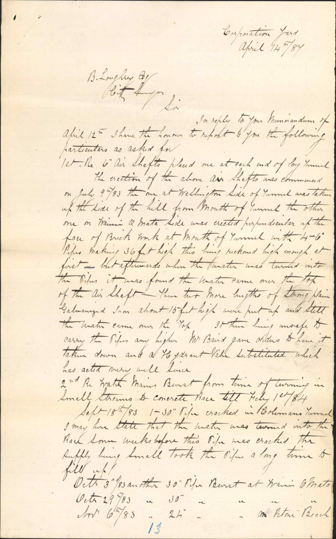 Baird and Ward, Report regarding water supply - City Surveyor