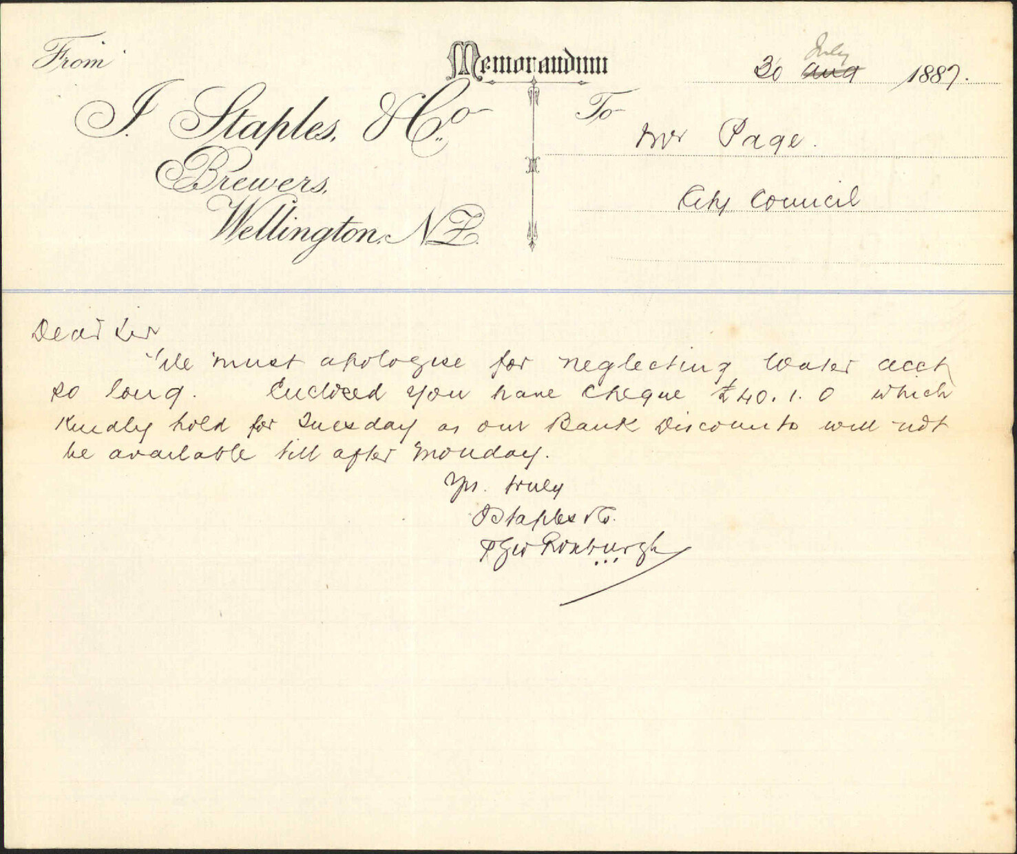 With cheque for water account - J Staples and Co, Brewers