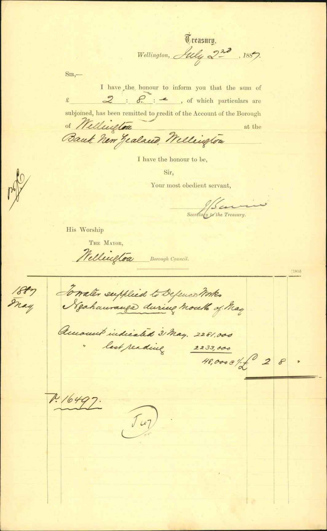 Advising payment of water account - Treasury