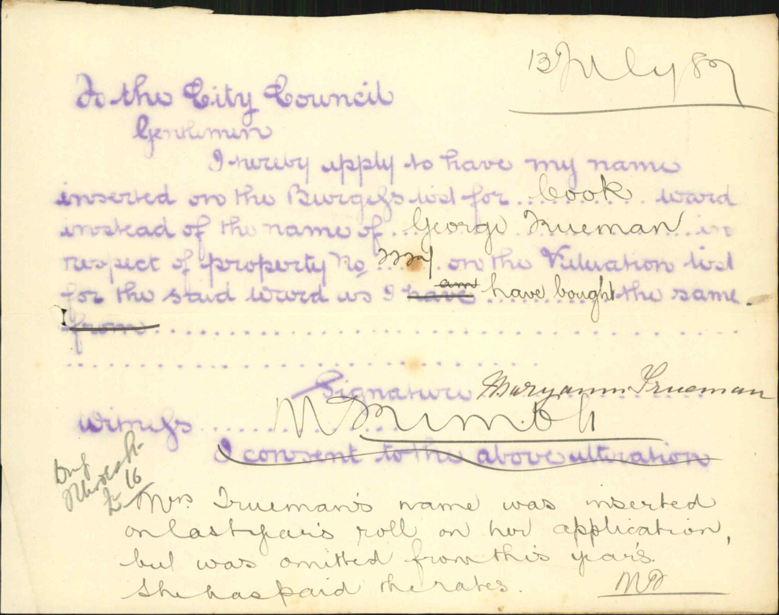 Application to be placed on Burgess Roll - Mary Ann Trueman