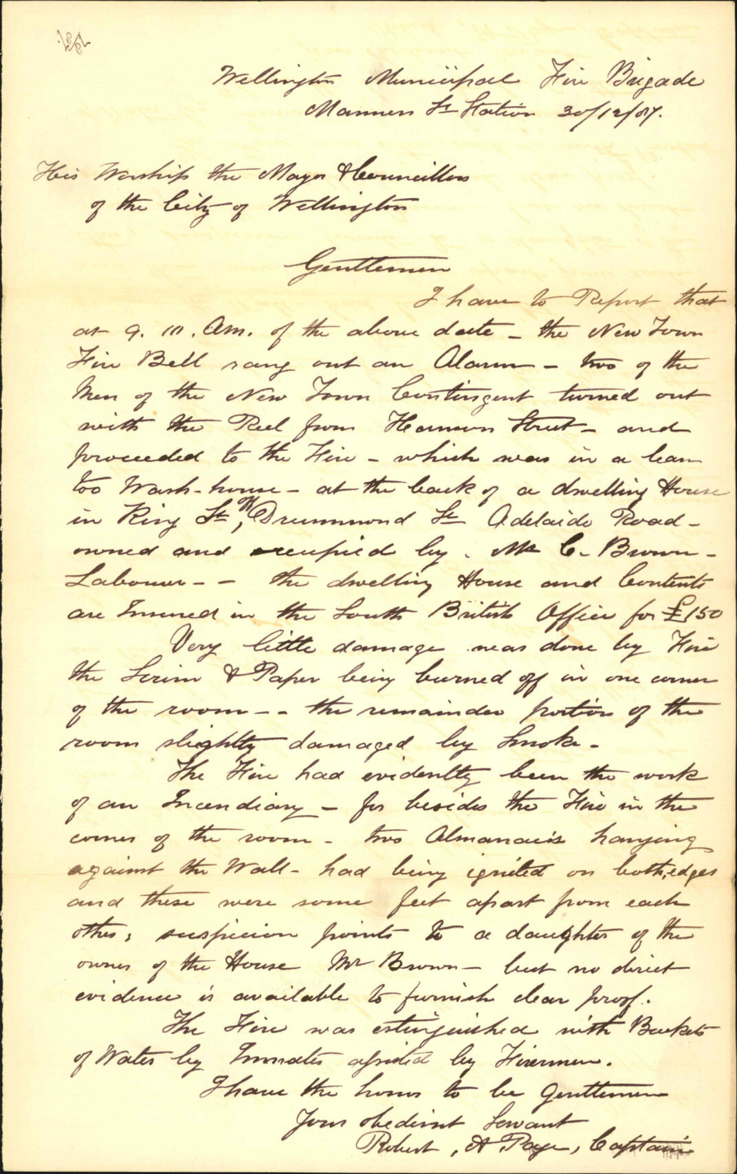 Report regarding fire in wash house, King Street - Robert A Page (Captain, Fire Brigade)