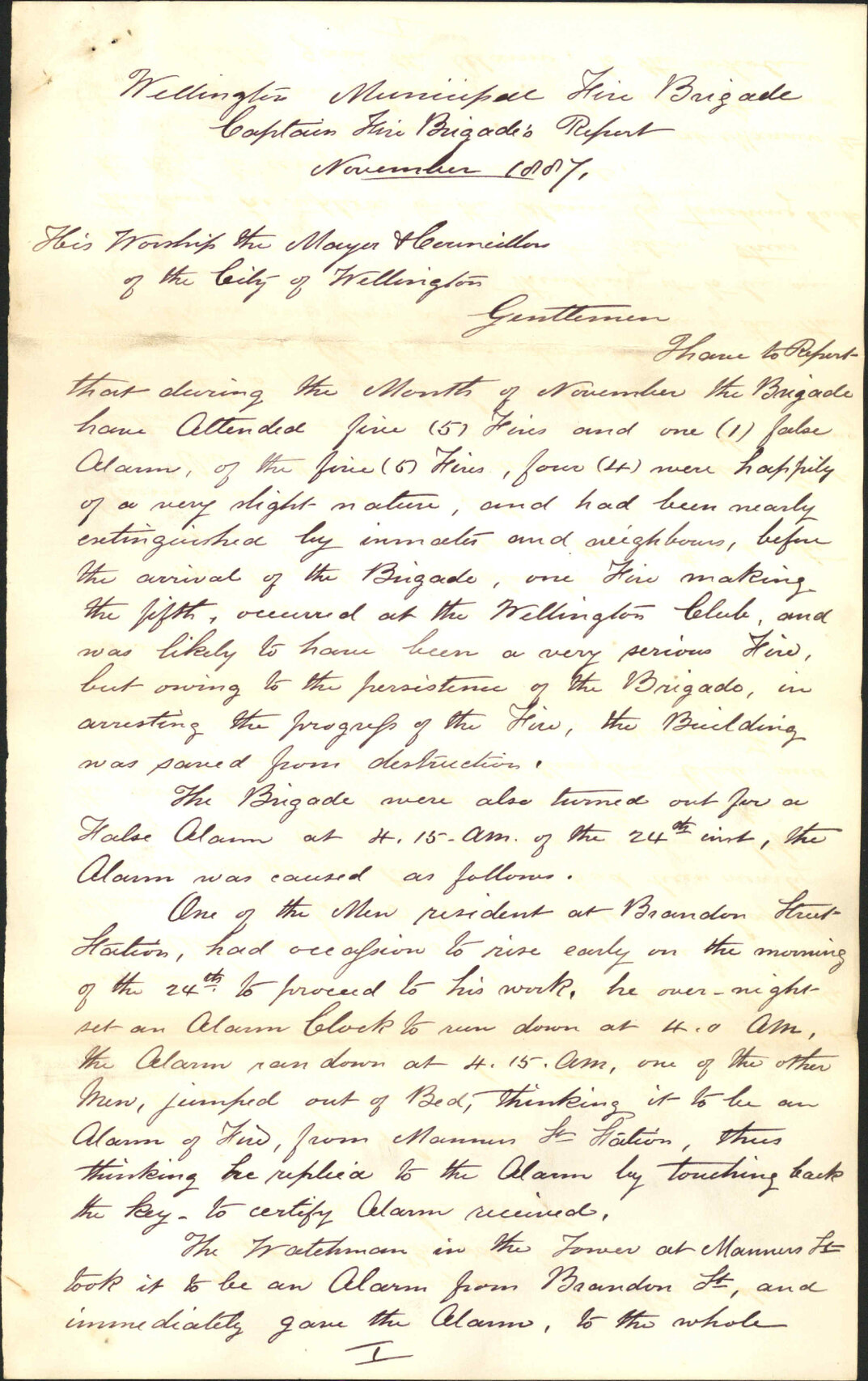 Report for November 1887 - Robert A Page (Captain, Fire Brigade)