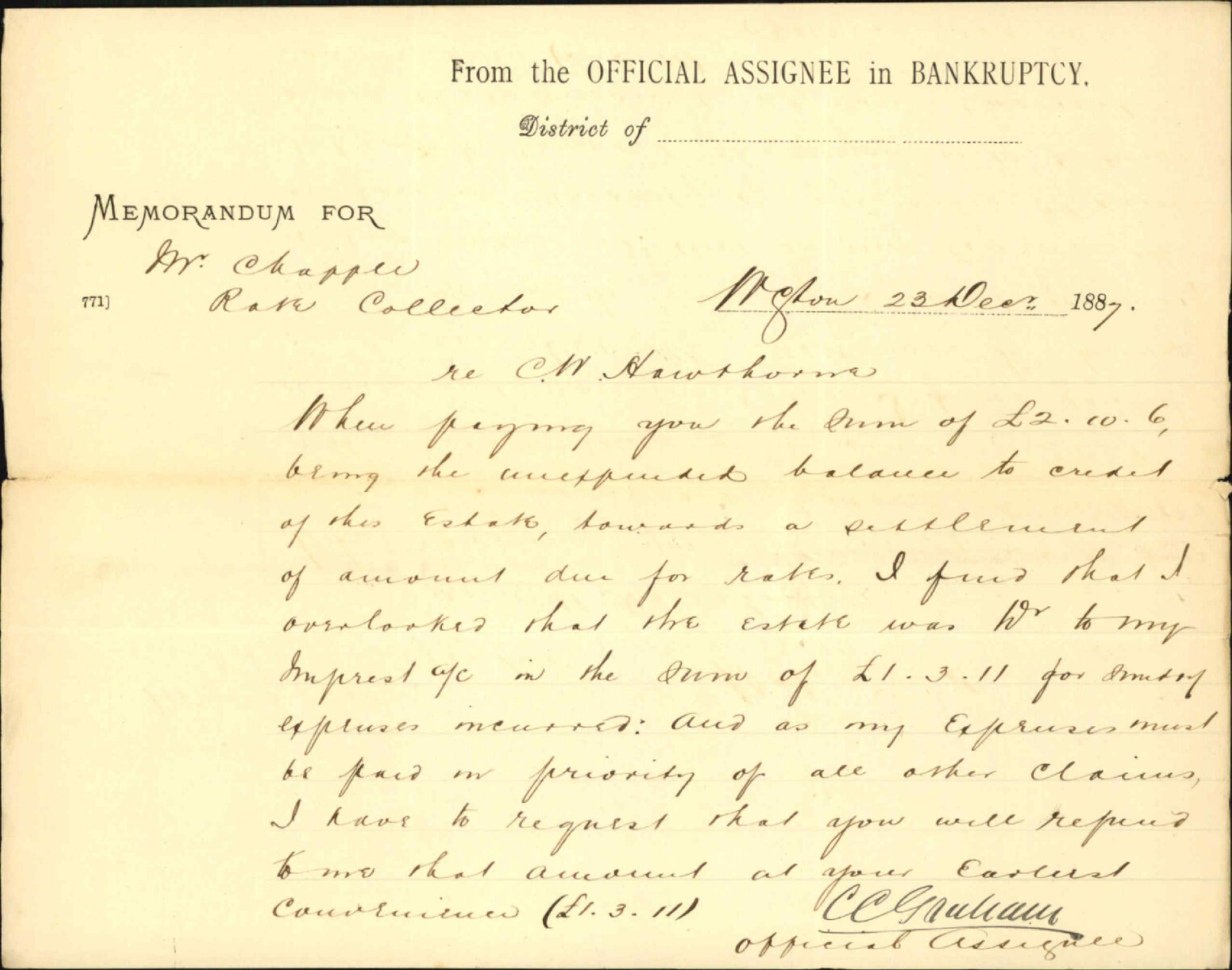 Rates in C W Hawthorne's estate - Official Assignee