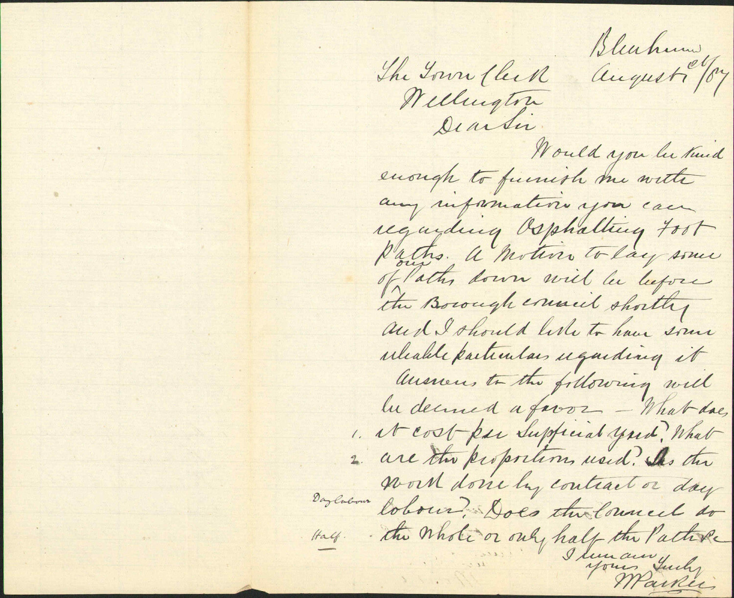 Asking particulars as to asphalting - W Parker, Blenheim